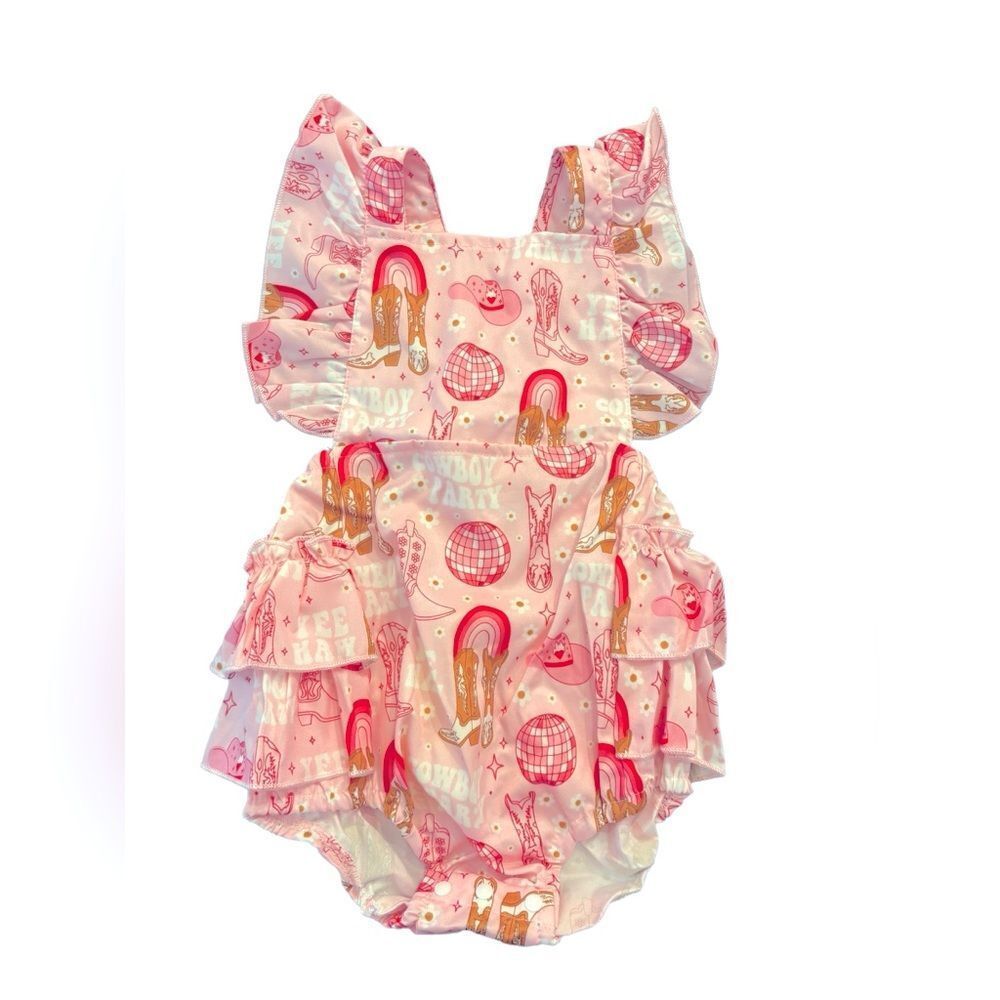 SHEIN Kids Pink Cowboy Party Ruffle Romper Girls NWT Size 12-18 Months 6 0467